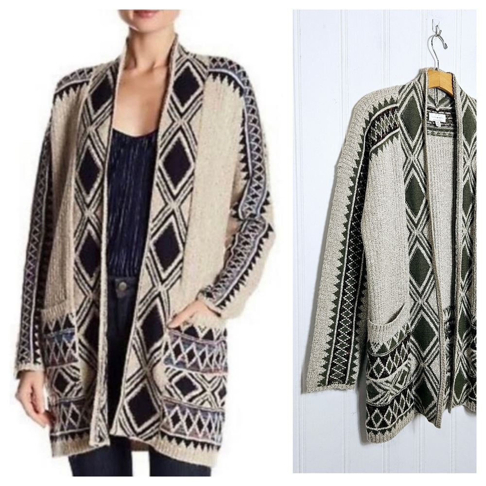 Lucky Brand Cardigan M Aztec Southwestern Boho Long-Line Duster Cream Herb Green